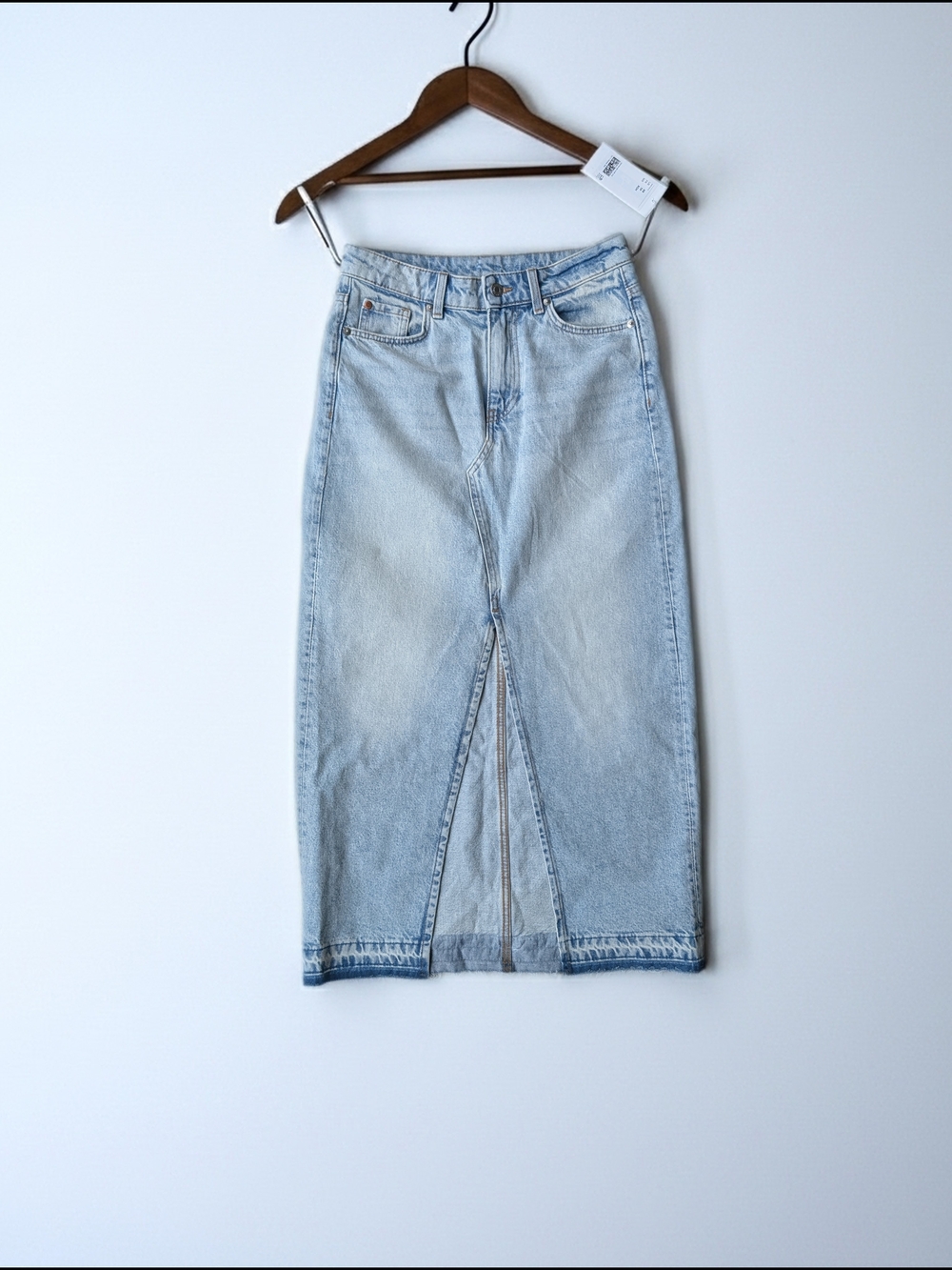 H&M Light Wash Denim Midi Skirt - Front Slit XS NWT